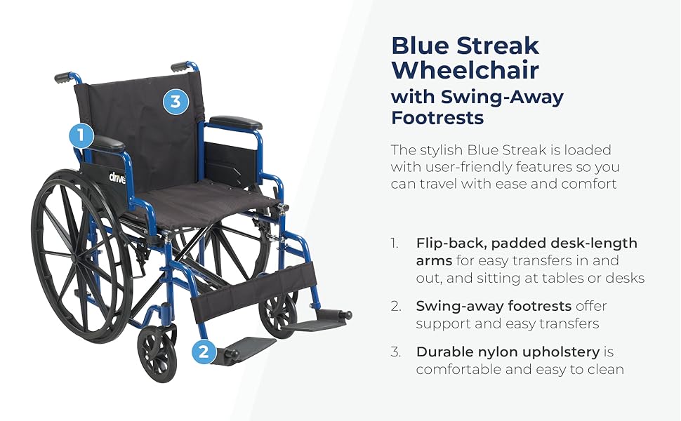 車椅子　Drive Medical BLS16FBD-ELR Drive Medical 16 in. Blue Streak Wheelchair with Flip Back