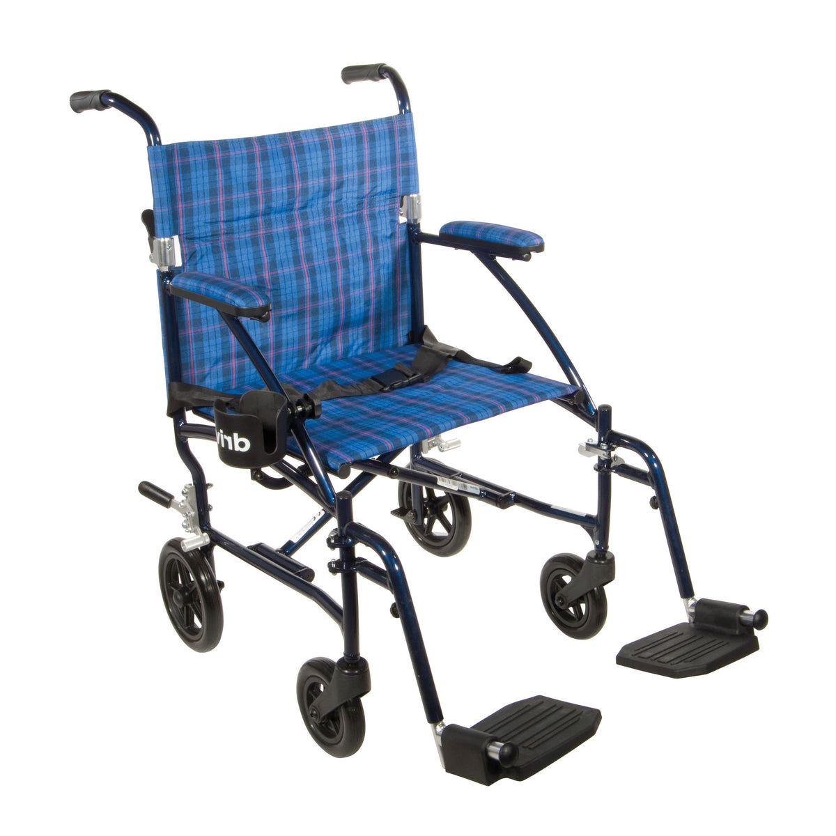 Drive Fly-Lite Aluminum Transport Chair - Blue Frame with Blue Plaid Upholstery