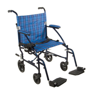 Drive Fly-Lite Aluminum Transport Chair - Blue Frame with Blue Plaid Upholstery